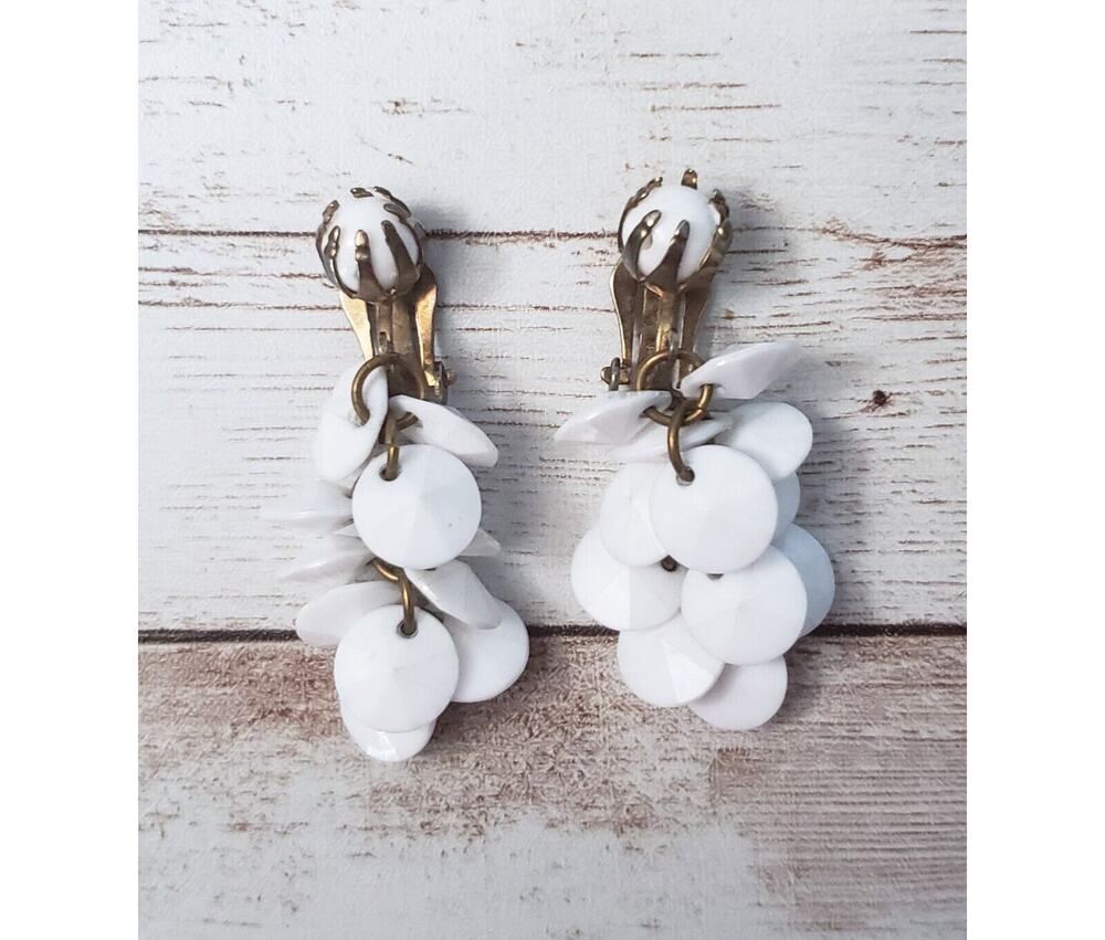 Vintage Clip On Earrings White Dangle - 1 & 5/8" Long